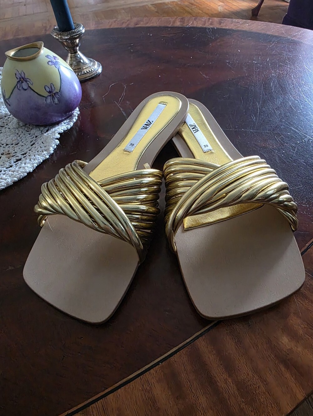 NWOT Zara Metallic Gold Braided Slide Mules